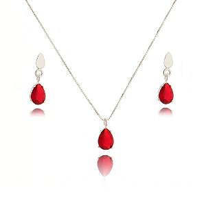 Conjunto De Prata Gota Vermelha – Joia em Prata 925 de Qualidade