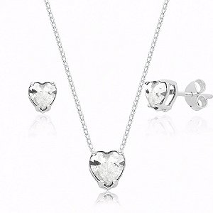 Conjunto De Prata Coração Delicado Cristal – Joia em Prata 925 de Qualidade