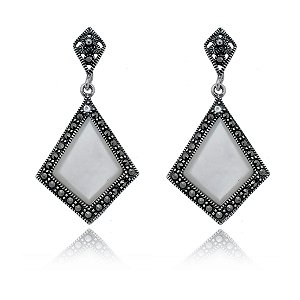 Brinco De Prata Losango Madrepérola Com Marcassitas – Joia em Prata 925 de Qualidade