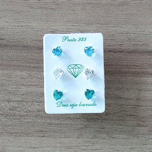 Trio De Brinco De Prata Coração De Zircônia – Joia em Prata 925 de Qualidade