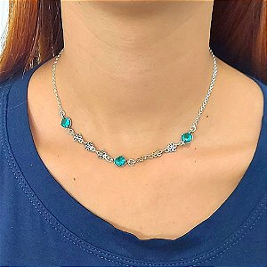 CHOKER DE PRATA MARGARIDAS E ZIRCÔNIA VERDE TURMALINA