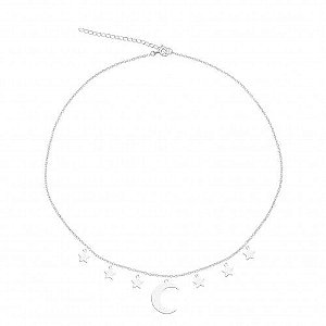 COLAR DE PRATA CHOKER LASER PENDURADA (7) LUA E ESTRELAS