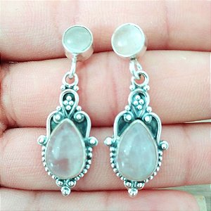 Brinco De Prata Gota Trabalhado Quartzo Rosa – Joia em Prata 925 de Qualidade