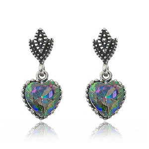 Brinco De Prata Coração Pedra Quartzo Místico – Joia em Prata 925 de Qualidade