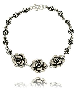 PULSEIRA DE PRATA DE BALI FLORES E ROSINHAS