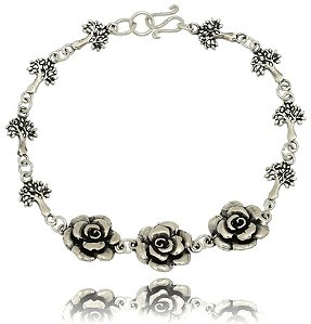 PULSEIRA DE PRATA DE BALI FLORES COM ÁRVORES DA VIDA