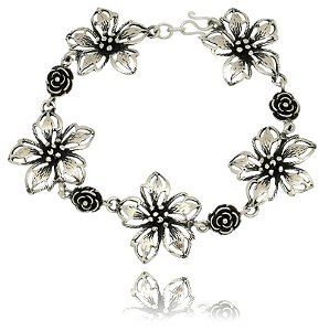 Pulseira De Prata De Bali Floral Hibisco – Joia em Prata 925 de Qualidade