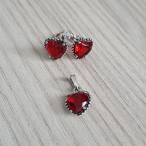 Conjunto De Prata Bali Coração Vermelho – Joia em Prata 925 de Qualidade