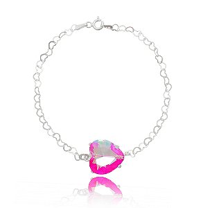 PULSEIRA DE PRATA CORAÇÃO BICOLOR ROSA COM BRANCO