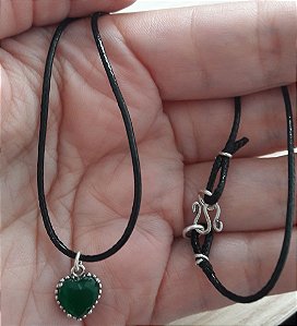 CHOKER DE PRATA E COURINHO CORAÇÃO VERDE 36CM