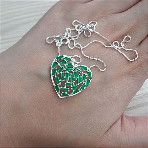 Colar De Prata Coração Zircônia Baguete Verde – Joia em Prata 925 de Qualidade
