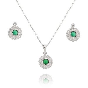 Conjunto De Prata Redondo Verde Esmeralda – Joia em Prata 925 de Qualidade