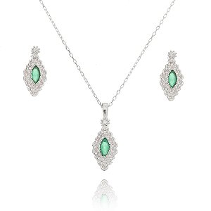 Conjunto De Prata Losango Verde Esmeralda – Joia em Prata 925 de Qualidade