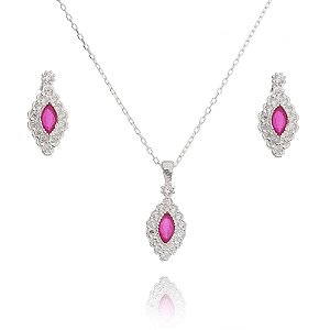 Conjunto De Prata Losango Vermelho Rubi – Joia em Prata 925 de Qualidade