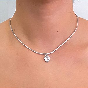 CHOKER DE PRATA E COURINHO CORAÇÃO CRISTAL 40CM