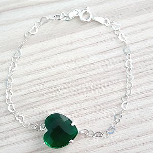 Pulseira De Prata Coração Riscado Verde Esmeralda – Joia em Prata 925 de Qualidade