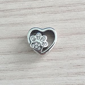 Berloque De Prata Coração Vazado Com Patinha – Joia em Prata 925 de Qualidade