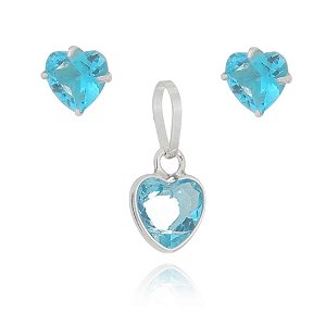 Conjunto De Prata Coração 6Mm Azul Água – Joia em Prata 925 de Qualidade