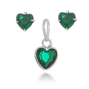 Conjunto De Prata Coração 6Mm Verde – Joia em Prata 925 de Qualidade
