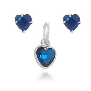 Conjunto De Prata Coração 6Mm Azul  – Joia em Prata 925 de Qualidade
