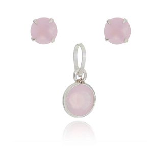 CONJUNTO DE PRATA PONTO DE LUZ 6MM ROSA LEITOSA