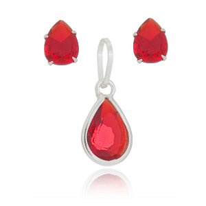 Conjunto De Prata Pingo De Luz 6X8Mm Vermelho – Joia em Prata 925 de Qualidade