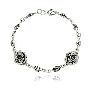 PULSEIRA DE PRATA FOLHAS E ROSAS