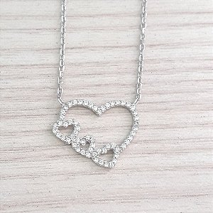 Colar De Prata Corações Com Micro Zircônias – Joia em Prata 925 de Qualidade