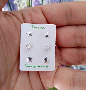 Trio De Brincos De Prata Estrelas E Zircônia Quadrada – Joia em Prata 925 de Qualidade
