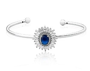 BRACELETE DE PRATA COM RÓDIO AZUL SAFIRA OVAL E ZIRCÔNIAS