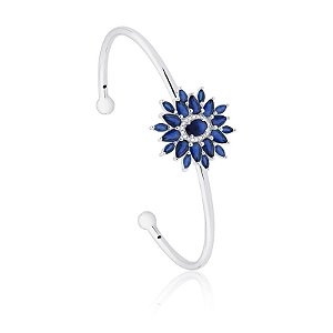 BRACELETE DE PRATA COM RÓDIO FLOR AZUL SAFIRA E ZIRCÔNIAS