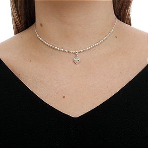 CHOKER DE PRATA CORAÇÃO E BOLINHAS