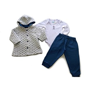 Conjunto 3 peças com body e casaco com capuz