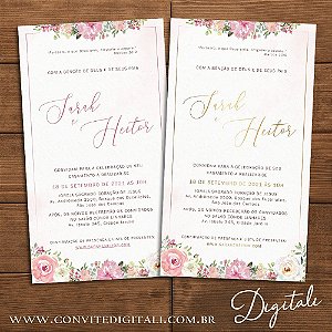 Convite Florido Rosa e Dourado Aquarela - Arte Digital