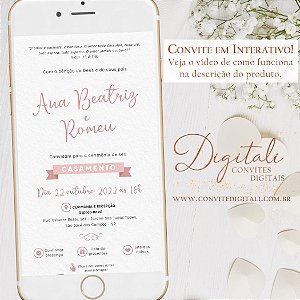 Convite Interativo com Link para Casamento Rosa e Branco com Fotos - Digital