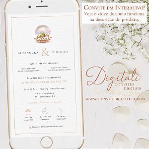 Convite Interativo com Link para Casamento Rose e Branco Concha Litoral - Digital