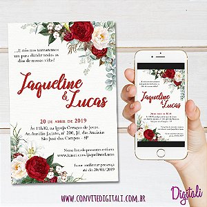 Convite Casamento Florido Vermelho e Branco - Arte Digital