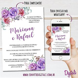 Convite Casamento Lilás Roxo Florido - Arte Digital