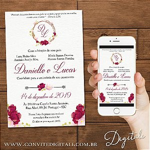 Convite Casamento Florido Marsala e Verde - Arte Digital é na