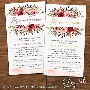Convite Casamento Florido Rosa Chá e Dourado - Arte Digital