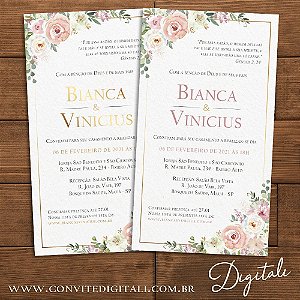 Convite Florido Rose Branco e Dourado - Arte Digital