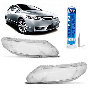 Lente do Farol Honda New Civic 2007 2008 2009 2010 2011 KIT Par + Adesivo