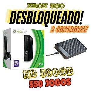 Xbox 360 Com 2 Controles e HD Externo com 550 Jogos e 20000 Jogos Retrô