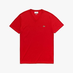 Camiseta Lacoste Jérsei de Algodão Pima com Gola V - Vermelha 
