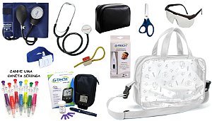 Kit Material de Enfermagem Aparelho de Pressão Esfigmomanômetro com Estetoscópio Simples Premium + Medidor de Glicose + Bolsa Estágio