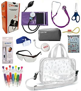 Kit Material de Enfermagem Aparelho De Pressão + Estetoscópio Rappaport Duplo - P.A MED + Caderneta de Anotações + Bolsa Transparente JRMED