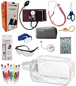 Kit Material de Enfermagem Aparelho De Pressão + Estetoscópio Rappaport Duplo - P.A MED + Caderneta de Anotações + Nécessaire Transparente JRMED