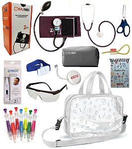 Kit Material de Enfermagem Aparelho De Pressão + Estetoscópio UNISSON/ SIMPLES - P.A MED - Completo - Bolsa Transparente JRMED