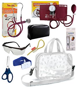 Kit Material de Enfermagem Aparelho de Pressão com Estetoscópio Duplo Rappaport Premium Completo Colorido + Bolsa Transparente