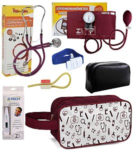 Kit Material de Enfermagem Esfigmomanômetro/Aparelho de Pressão com Estetoscópio Duplo Rappaport Premium Completo + Nécessaire